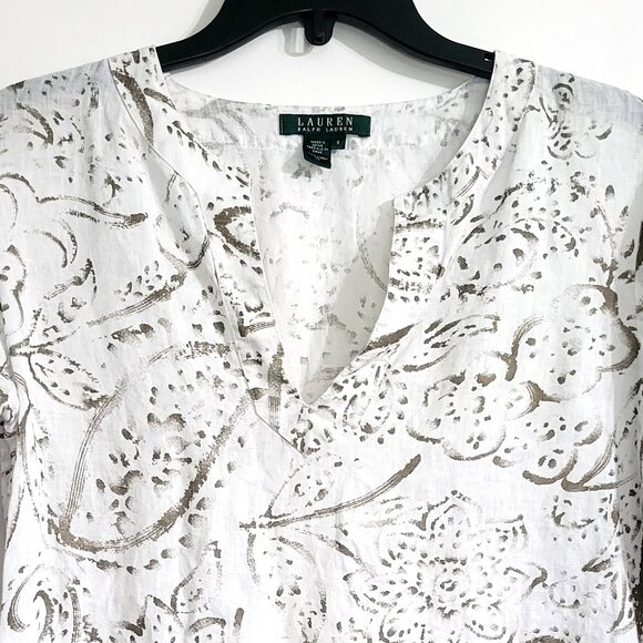Lauren Ralph Lauren Womens Long Sleeve Top Size S White 100% Linen Floral Tunic - Picture 3 of 8